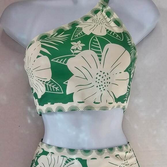 Women's Green Floral Print One Shoulder High Waist Bikini Set - SZ SM - Picture 1 of 4